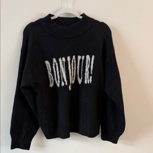 a new day Black Cowl Neck Sweater with White 'Bonjour' Detail